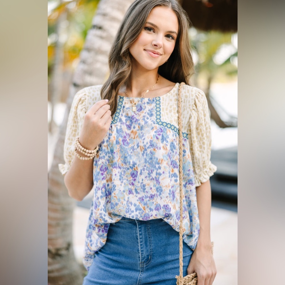 Floral Patchwork Peasant Blouse in Blue and Cream